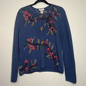 Talbots Embroidered Cardigan Sweater Silk Blend Floral Beaded Blue M Lagonlook